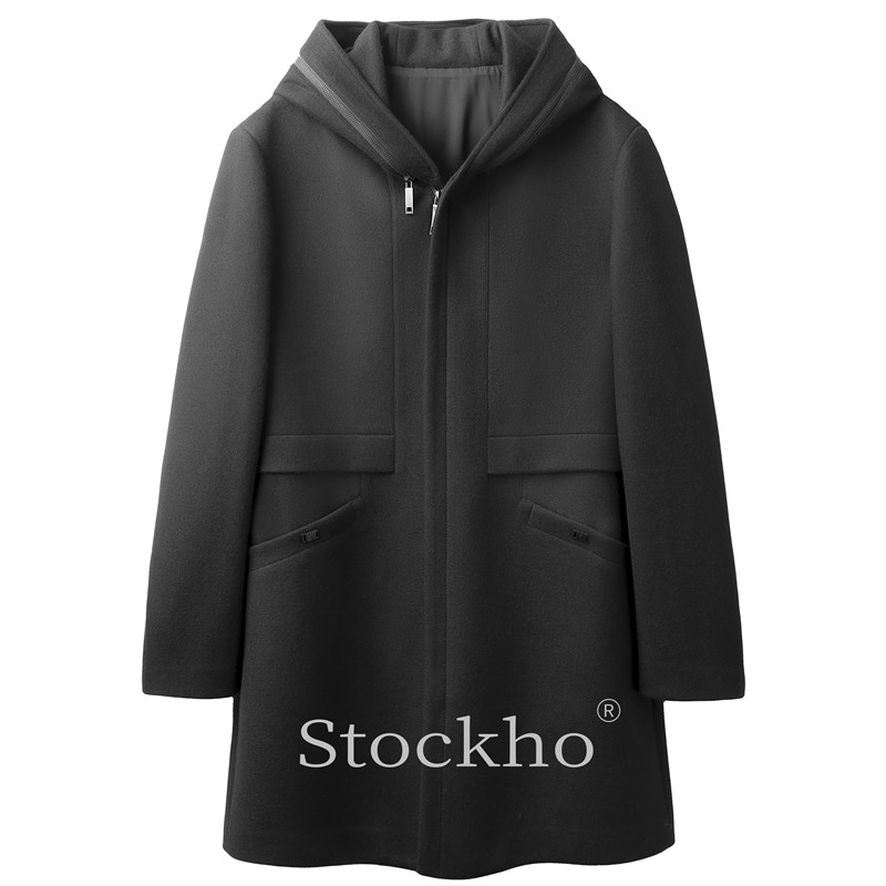 Men's new woolen overcoat half length black hood